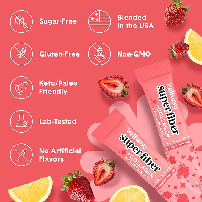 Bellway Super Fiber Packets + Collagen, Sugar-Free Psyllium Husk Powder with Collagen Peptides & Hyaluronic Acid for Gut Health, Healthy Skin, Nails, Bones & Joints, Strawberry Lemonade (10 Packets)