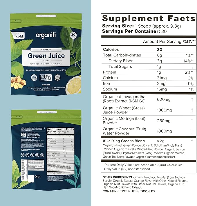 Organifi Green Juice - Organic Superfood Powder - 90-Day Supply - Organic Vegan Greens - Helps Decrease Cortisol - Provides Better Response to Stress - Supports Weight Control - Total Body Wellness