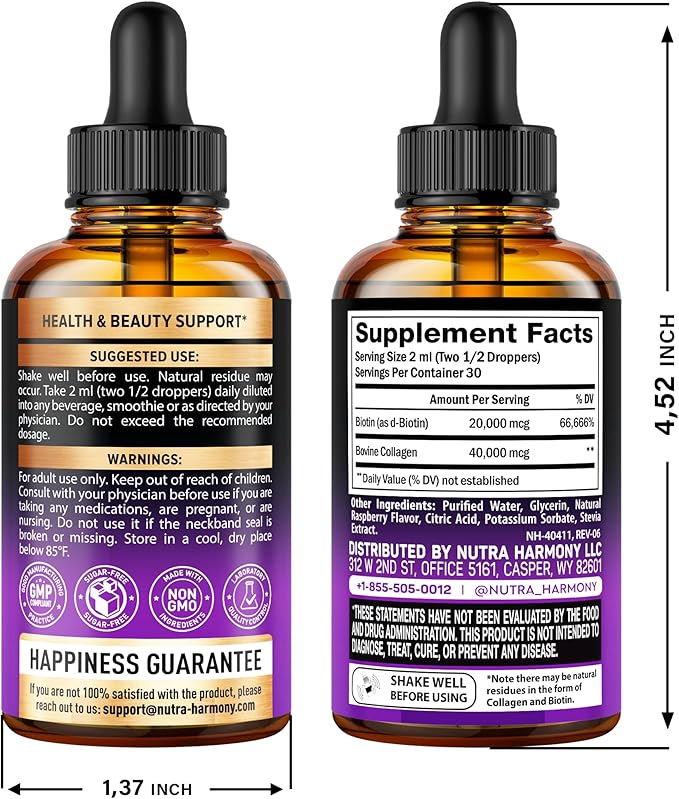 Liquid Biotin & Collagen - Vitamins for Hair Growth Support for Women & Men - Extra Strength 60000 mcg Drops - B7 Supplement - Strong Nails & Healthy Skin - 98% Faster Absorption Than Pills