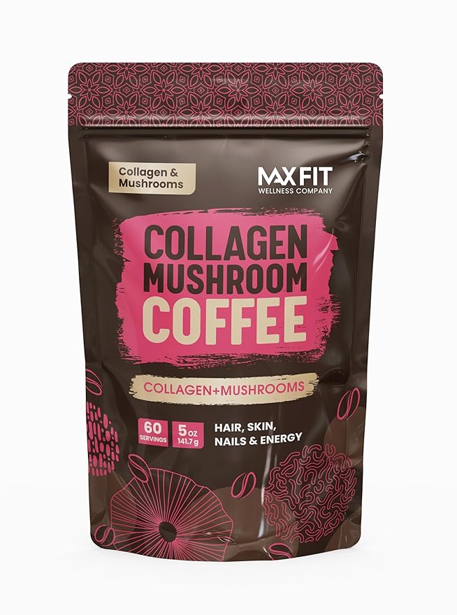 Collagen Mushroom Coffee Organic (60 Servings) Lion’s Mane, Chaga & Collagen, Mixed with Gourmet Arabica Instant Coffee | Mental Focus Boosting Coffee Plus Hair, Skin & Nails Health Support