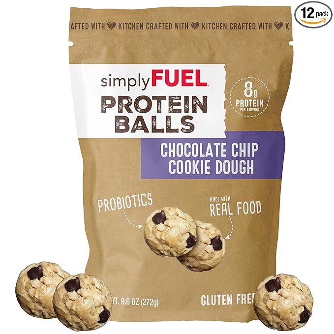 Whole Food Protein Balls with Probiotics - Chocolate Chip Cookie Dough Snacks - 8g Protein Snack - Gluten Free Energy Balls (1 Pack of 12 Balls)