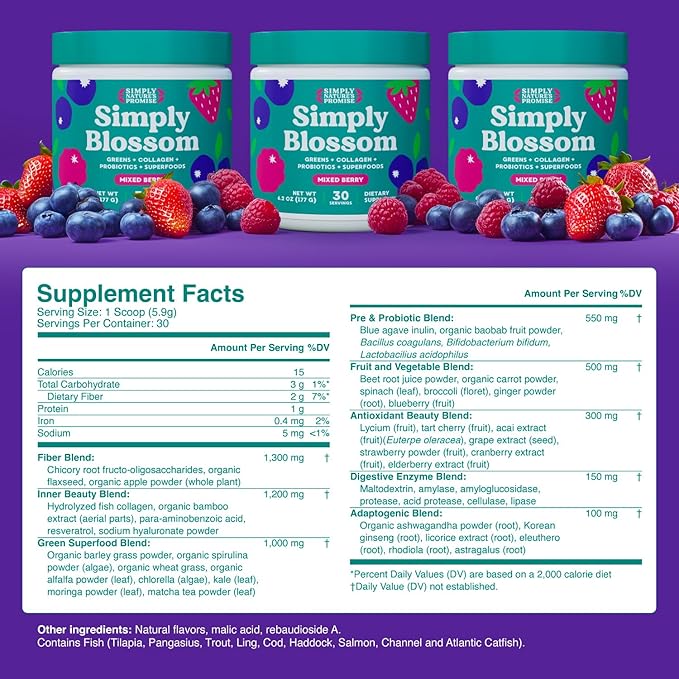 Simply Nature's Promise Blossom Nutrition - Daily Greens & Superfood Powder + Collagen + Probiotics for Women's Digestive Health & Bloating Relief. Help Your Health Bloom - 30 Day Supply