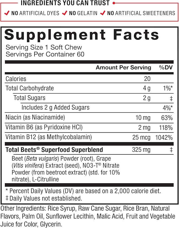 Force Factor Total Beets Soft Chews with Beetroot, Nitrates, L-Citrulline, Grapeseed Extract, & Antioxidants, Healthy Energy Supplement with Elite Ingredients for Heart, Superfood, 180 Count, 3-Pack