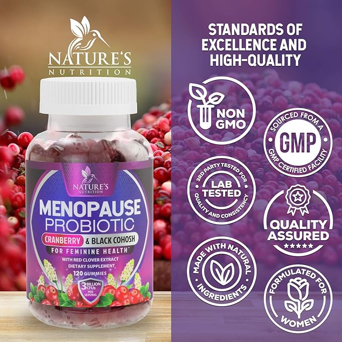 Menopause Probiotic for Women Gummy with Cranberry, 3 Billion CFU Natural Menopause Relief for Mild Hot Flashes & Night Sweats, PH, Vaginal Health, Immune Support, Probiotic Supplement - 120 Gummies