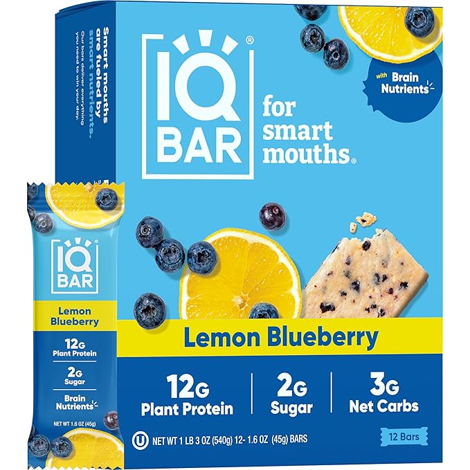 IQBAR Brain and Body Plant Protein Bars - Lemon Blueberry - 12-Count Low Carb - Gluten Free, High Fiber, Vegan Snacks - Low Sugar Meal Replacement