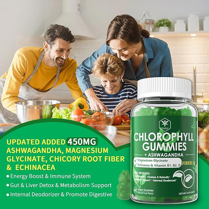 Chlorophyll Fiber Gummies 200mg +Ashwagandha, B1 B2 B2 for 2 Packs