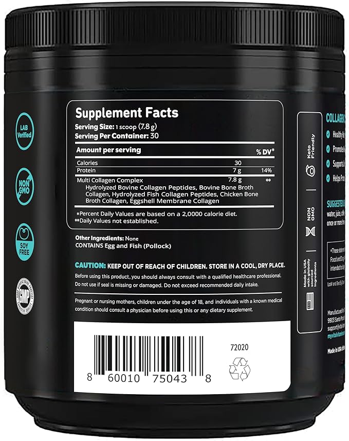 Vital Vitamins Multi Collagen Peptides Powder - Unflavored, Easy to Dissolve - Type I, II, III, V, X - for Women & Men - Promotes Hair, Skin, Nails, & Joint Health - 30 Servings