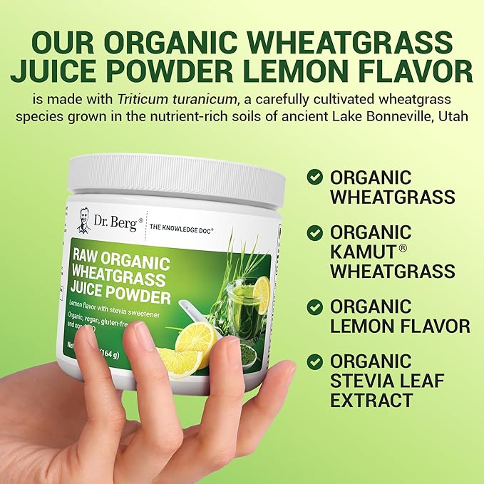 Dr. Berg USDA Certified Organic Green Powder Superfood (60 Servings) - Made with Raw Wheatgrass Powder, Chlorophyll, Trace Minerals & Natural Enzymes - Non-GMO Green Superfood Powder - Lemon Flavor