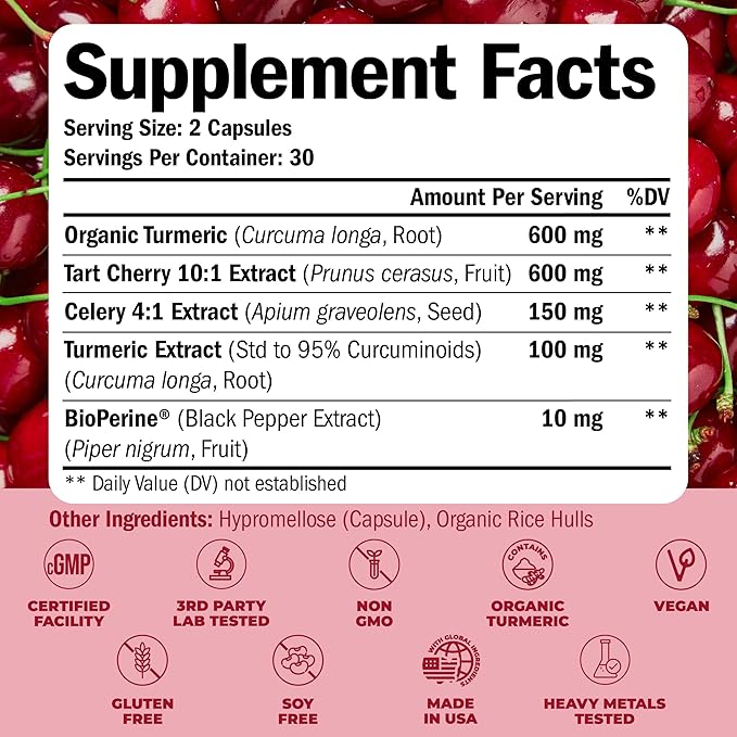 Turmeric Supplement with 10:1 Tart Cherry Extract, Turmeric Curcumin with Black Pepper & Organic Tumeric. 600mg Tart Cherry Capsules. Aids Uric Acid Balance, Joint, Muscle, Sleep Support. 60 Capsules