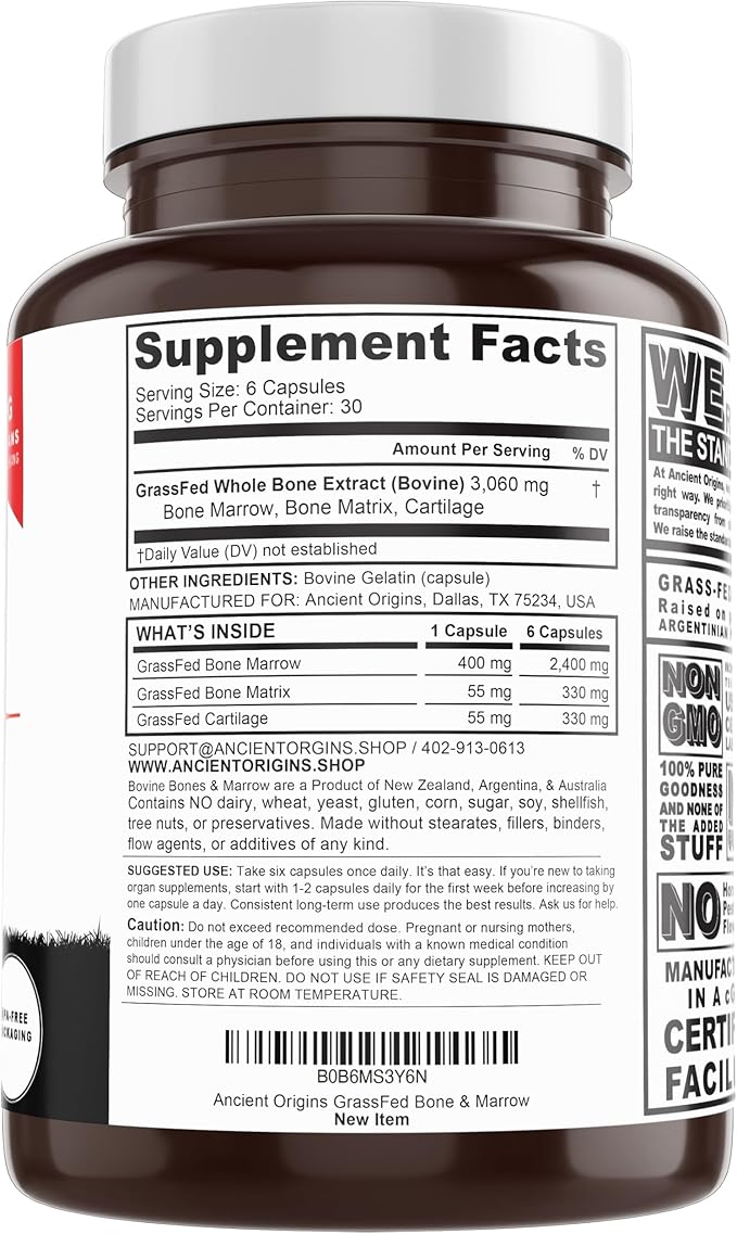 Ancient Origins Grass Fed Bone Marrow Supplement, 3060mg, Skin, Oral Health, and Joint Support Supplement, Promotes Whole-Body Wellness, Non GMO Whole Bone Extract, 180 Capsules
