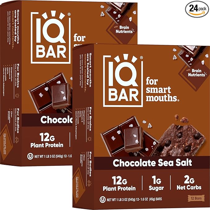 IQBAR Brain and Body Plant Protein Bars - Chocolate Sea Salt - 24-Count Low Carb - Gluten Free, High Fiber, Vegan Snacks - Low Sugar Meal Replacement