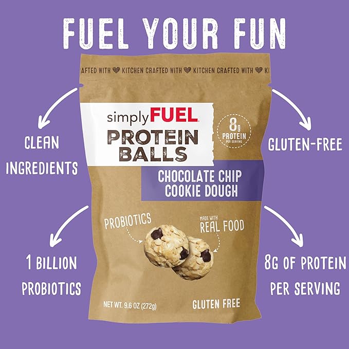 Whole Food Protein Balls with Probiotics - Chocolate Chip Cookie Dough Snacks - 8g Protein Snack - Gluten Free Energy Balls (1 Pack of 12 Balls)