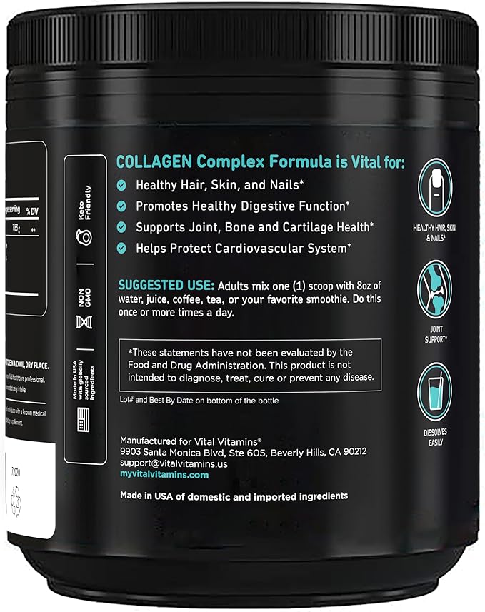 Vital Vitamins Multi Collagen Peptides Powder - Unflavored, Easy to Dissolve - Type I, II, III, V, X - for Women & Men - Promotes Hair, Skin, Nails, & Joint Health - 30 Servings