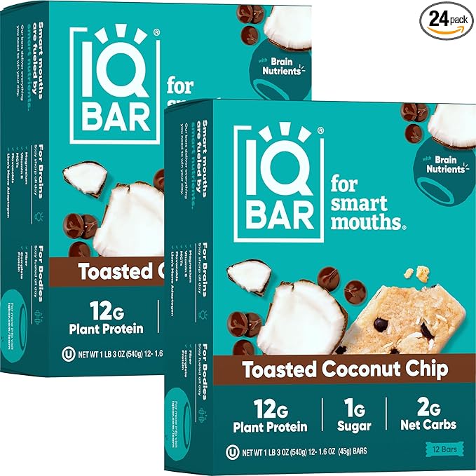 IQBAR Brain and Body Plant Protein Bars - Toasted Coconut Chip - 24-Count Low Carb - Gluten Free, High Fiber, Vegan Snacks - Low Sugar Meal Replacement