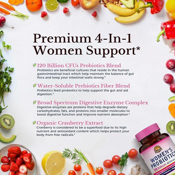 Vitalitown Probiotics for Women 120 Billion CFUs, 30 Strains, with Prebiotics & Digestive Enzymes & Cranberry, Gut & Vaginal Health, Vegan 60 (Pack of 1) Delayed Release Caps