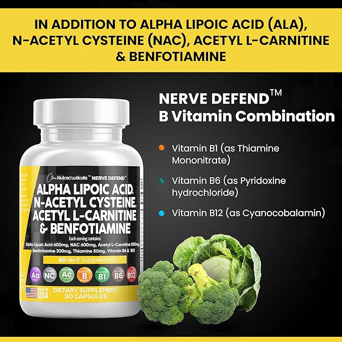 Alpha Lipoic Acid 600mg N-Acetyl Cysteine 600mg Acetyl 500mg Benfotiamine 300mg - B1, B6 B6 & B12 - 90 Caps