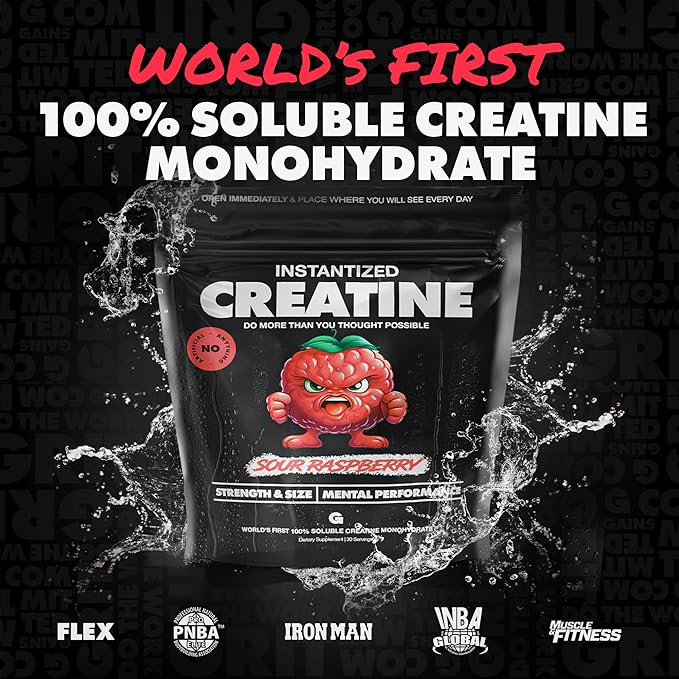 Gains in Bulk Instantized Creatine Monohydrate for Women and Men, Soluble Pre Workout Powder, Supports Muscle Building, Strength and Performance, Bodybuilding Supplements, Sour Raspberry, 30 Servings