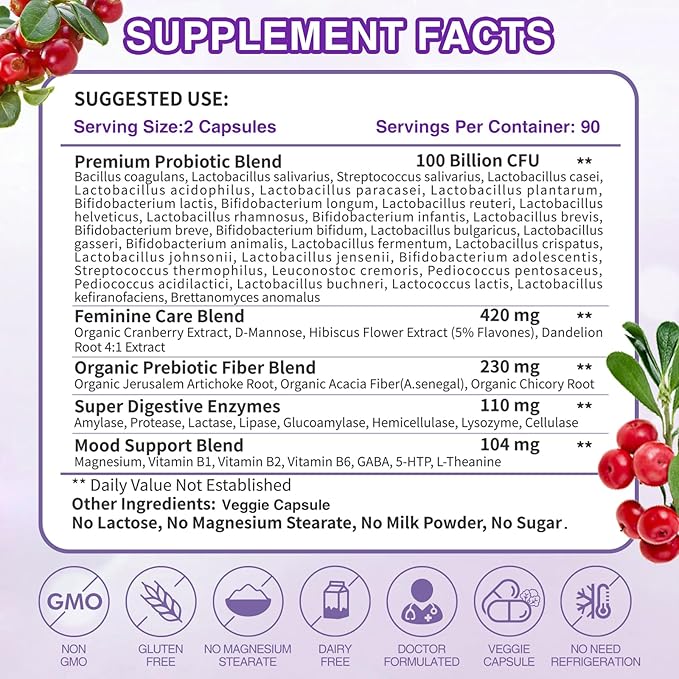ZEBORA Probiotics for Women Digestive Health with Enzymes & Prebiotics, Vaginal Probiotics with D Mannose & Cranberry, 100 Billion CFUs Probiotic for Gut Health & Urinary Tract Balance, 90 Servings