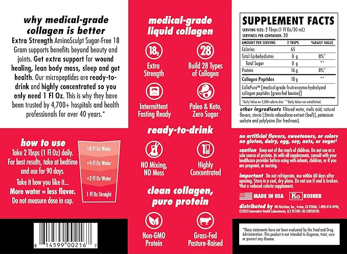 HEALTH DIRECT AminoSculpt Sugar-Free Collagen Supplement - High Potency Medical-Grade Protein for Hair, Skin, Nails & Joints, Grass-Fed, Non-GMO, Liquid Collagen - Tart Cherry - 30 Fl Oz