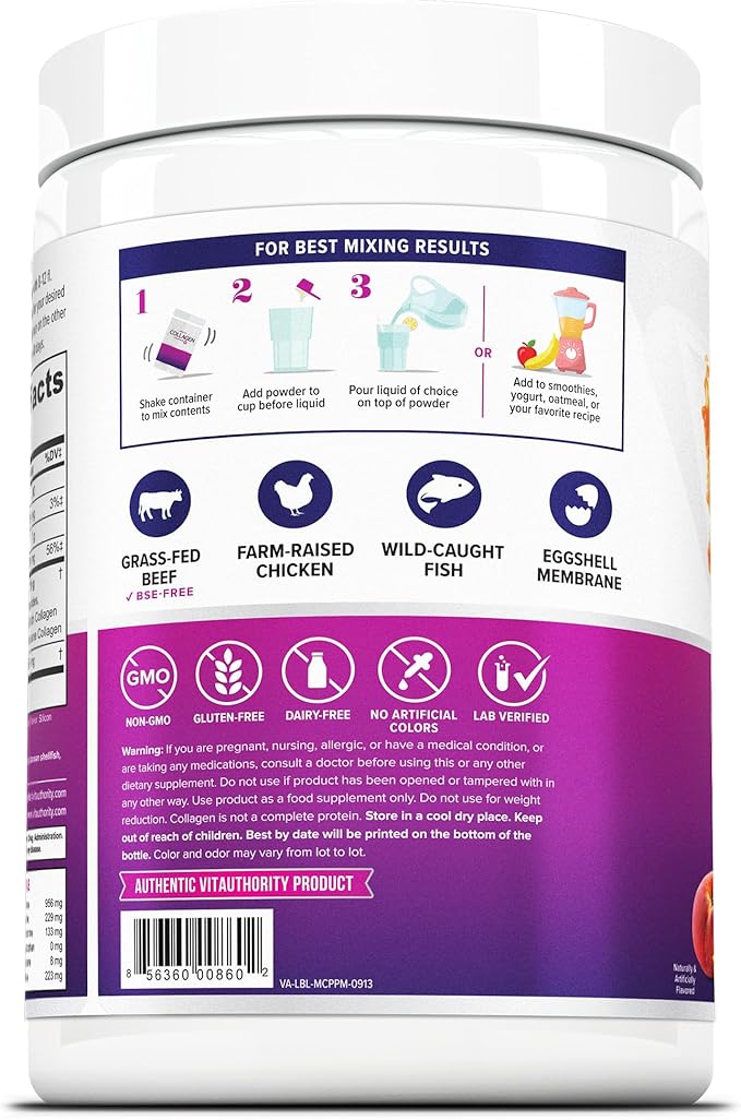 Multi Collagen Peptides Powder for Women and Men - Instant Dissolving Grass Fed Hydrolyzed Collagen Powder Drink Mix for Beautiful Hair Skin and Nails with Hyaluronic Acid and Vitamin C