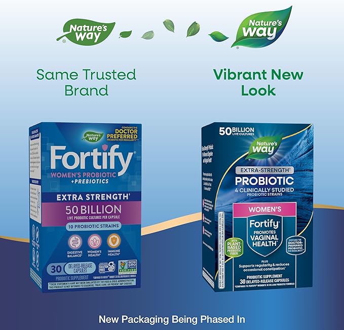 Nature's Way Women's Extra Strength** Fortify Probiotic, 50 Billion Live Cultures, Supports Digestive, Vaginal, & Immune Health*, Plant-Based Prebiotic Fiber, Non-GMO, 30 Capsules (Packaging May Vary)