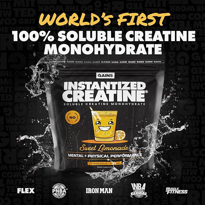Gains in Bulk Instantized Creatine Monohydrate for Women and Men, Soluble Pre Workout Powder, Supports Muscle Building, Strength and Performance, Bodybuilding Supplements, Sweet Lemonade, 30 Servings