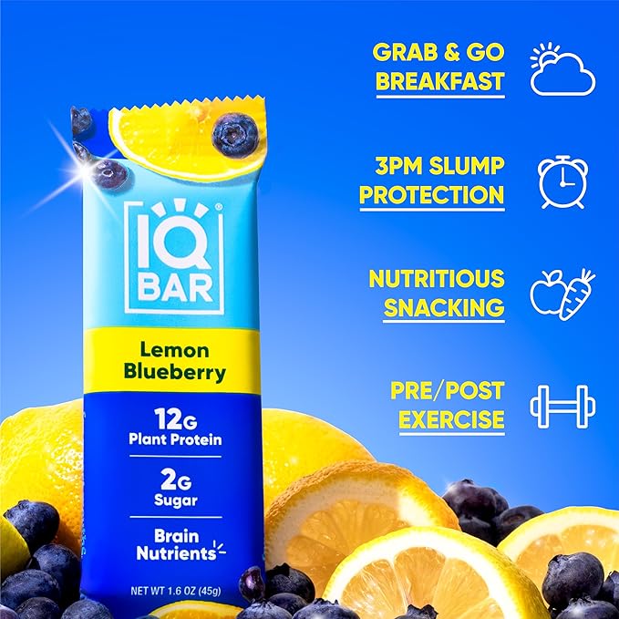 IQBAR Brain and Body Plant Protein Bars - Lemon Blueberry - 24-Count Low Carb - Gluten Free, High Fiber, Vegan Snacks - Low Sugar Meal Replacement