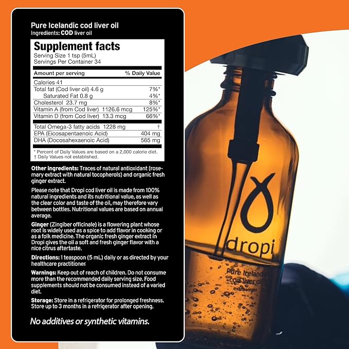 Dropi Omega 3 Fish Oil Liquid, Ginger Omega-3s EPA, 5.7 Fl