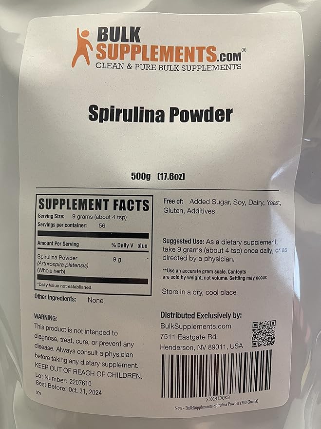 BulkSupplements.com Organic Spirulina Powder - Superfood Powder, Green Spirulina Powder, Spirulina Organic - Vegan-Friendly, 3000mg per Serving, 500g (1.1 lbs) (Pack of 1)