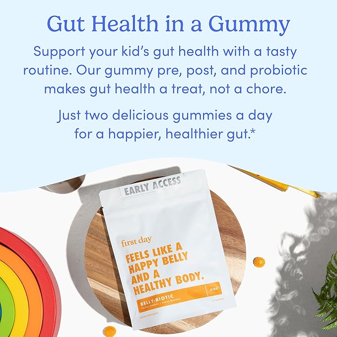 FIRST DAY Kids’ Belly-Biotic Tribiotic Gummies – 3-in-1 Prebiotic, Probiotic & Postbiotic Supplement – Supports Gut Health, Immune Function, Nutrient Absorption & Growth – 60-Day Supply