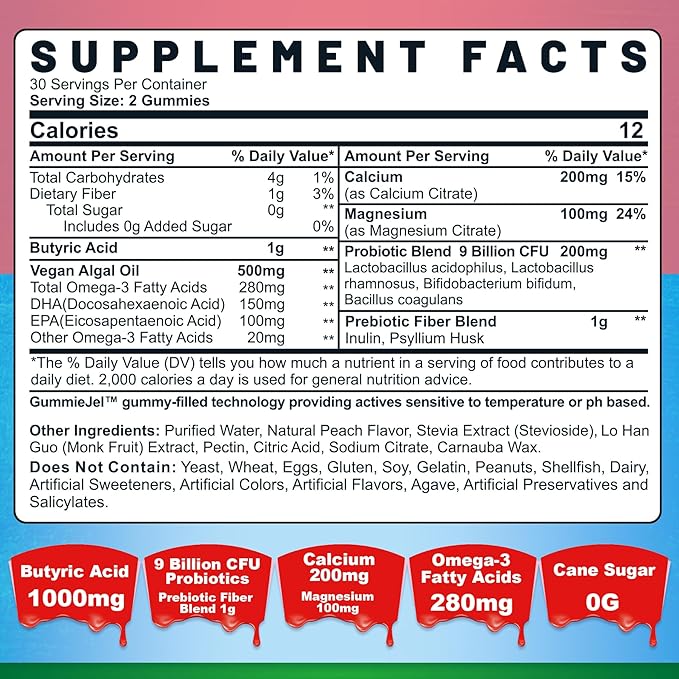 Butyrate Gummies with Probiotic + Prebiotic 9 Billion Omega-3, Inulin,