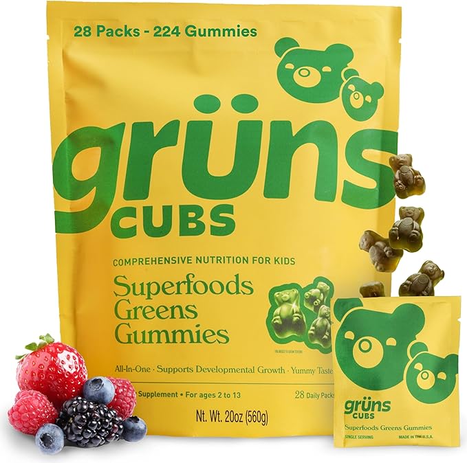 Gruns Kids Vitamins, Super Greens Gummies - Superfood Gummy Bears with Spirulina, Chlorella, 20+ Vitamins & Minerals, Prebiotics Fiber for Digestive Health, Adaptogens Supplement, 28 Day Supply