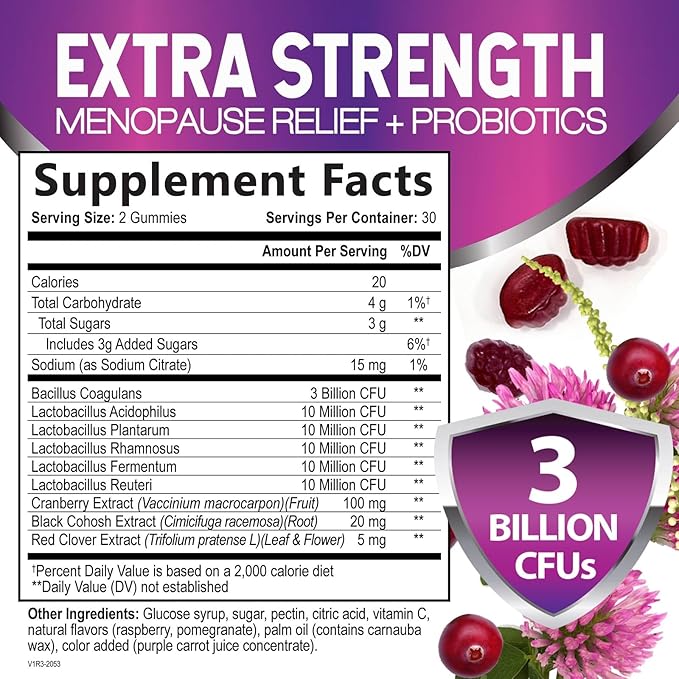 Menopause Probiotic for Women Gummy with Cranberry, 3 Billion CFU Natural Menopause Relief for Mild Hot Flashes & Night Sweats, PH, Vaginal Health, Immune Support, Probiotic Supplement - 60 Gummies