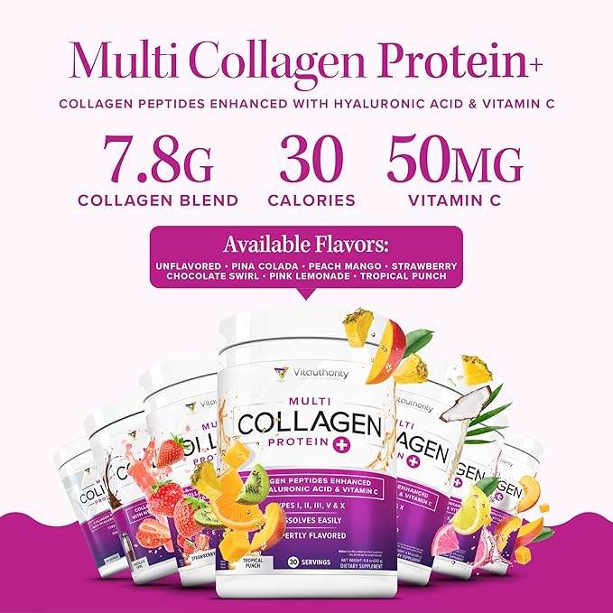 Multi Collagen Peptides Powder for Women and Men - Instant Dissolving Grass Fed Hydrolyzed Collagen Powder Drink Mix for Beautiful Hair Skin and Nails with Hyaluronic Acid and Vitamin C