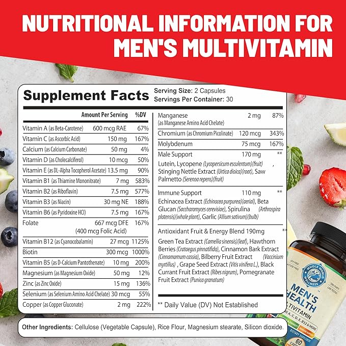 Mens Daily Multivitamin Multimineral Supplement 30+ Nutrients, 60 Capsules