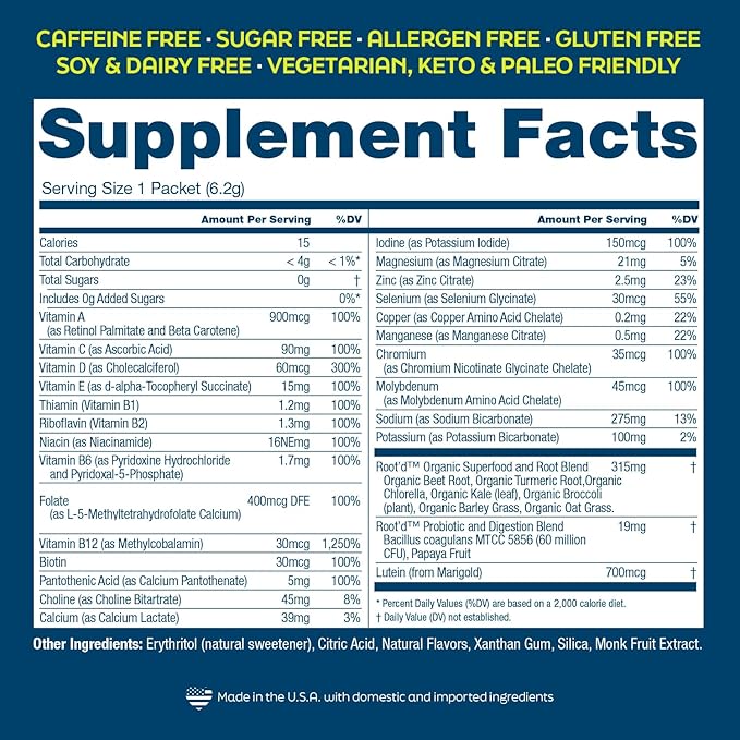 Root'd Multivitamin Powder for Men - 24 Vitamins & Minerals with 3X Electrolytes, 9 Organic Superfoods, Probiotics & Enzymes, Sugar-Free Multivitamin & Hydration | 30 Vitamin Drink Mix Packets