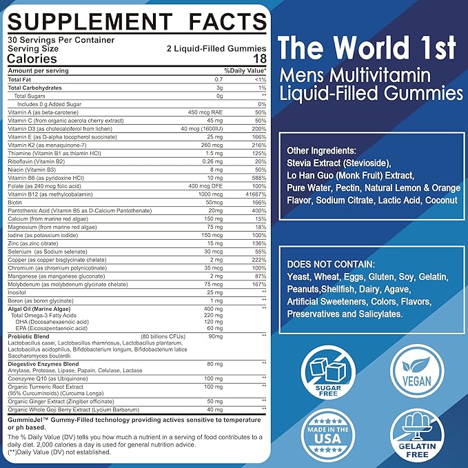 Mens Multivitamins Gummies, Multiminerals, Vegan Omega 3, CoQ10, CoQ10, Probiotics, D3 E B6 B12, B12, Methylated 60 Cts