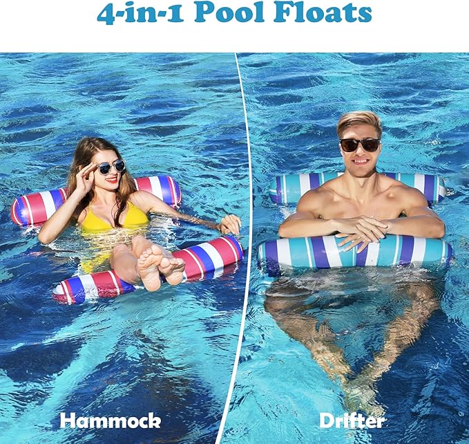 2 Pack Pool Floats Adult - 4-in-1 Pool Floats Hammock, Drifter, Lounge Chair, Saddle, Inflatable Non-Stick PVC Material Pool Float for Vacation