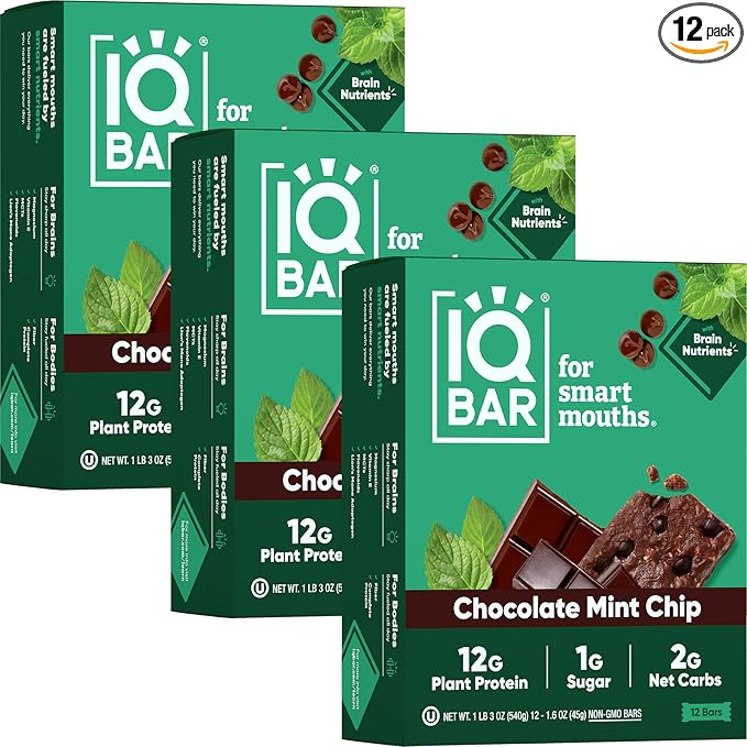 IQBAR Brain and Body Plant Protein Bars - Chocolate Mint Chip - 36-Count Low Carb - Gluten Free, High Fiber, Vegan Snacks - Low Sugar Meal Replacement