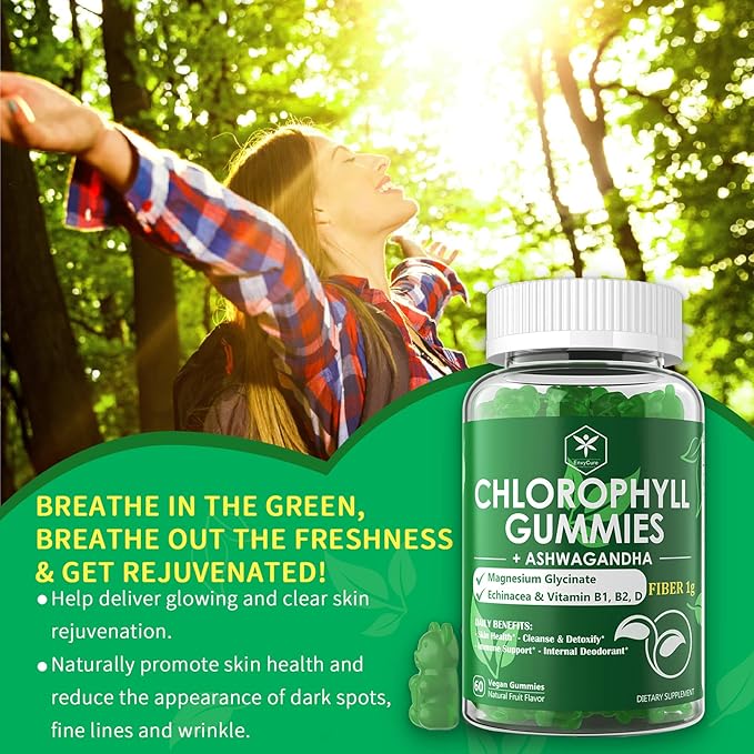 Chlorophyll Fiber Gummies 200mg +Ashwagandha, B1 B2 B2 for 2 Packs