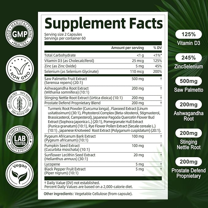 2Pack Organic Saw Palmetto - Prostate Health Supplements for Men with Ashwagandha Root, Stinging Nettle, Pumpkin Seed, Prostate Defend Propnietary Blend, DHT Blocker, 240 Count