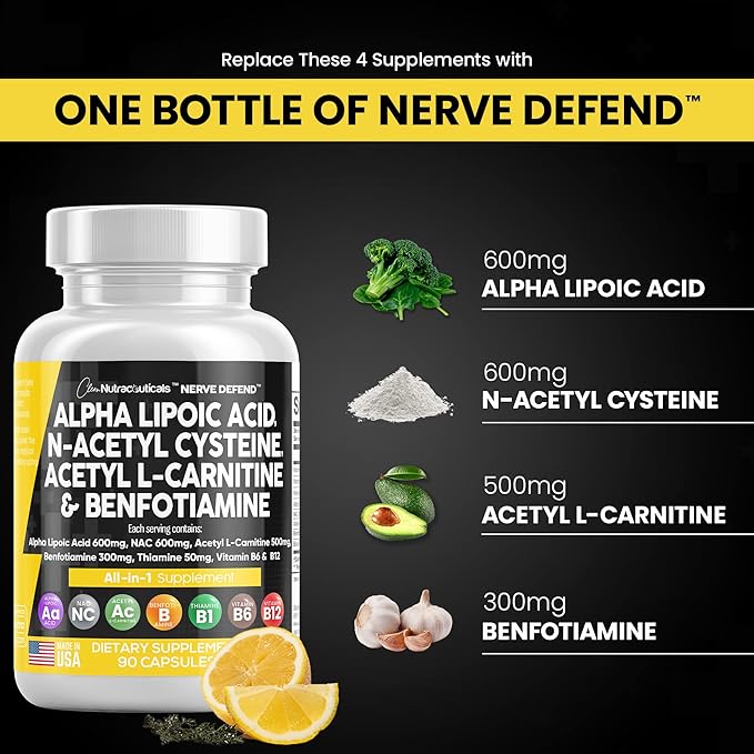 Alpha Lipoic Acid 600mg N-Acetyl Cysteine 600mg Acetyl 500mg Benfotiamine 300mg - B1, B6 B6 & B12 - 90 Caps