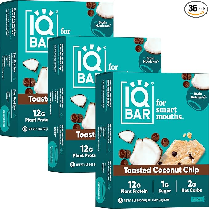 IQBAR Brain and Body Plant Protein Bars - Toasted Coconut Chip - 36-Count Low Carb - Gluten Free, High Fiber, Vegan Snacks - Low Sugar Meal Replacement