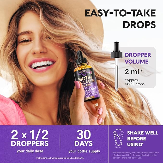 Liquid Biotin & Collagen - Vitamins for Hair Growth Support for Women & Men - Extra Strength 60000 mcg Drops - B7 Supplement - Strong Nails & Healthy Skin - 98% Faster Absorption Than Pills