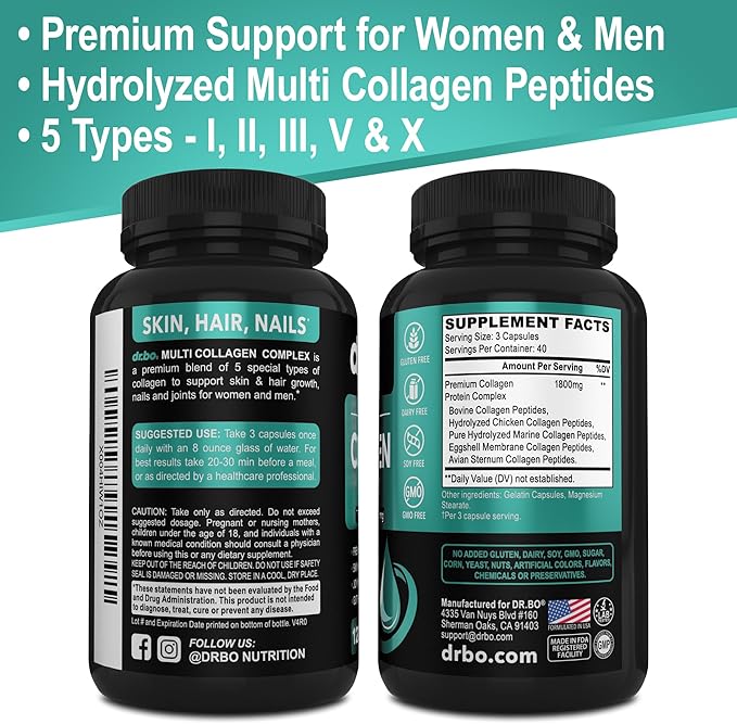 Multi Collagen Peptides for Women & Men - Type I, II, III, V, & X Multi Collagen for Women & Men Complex Capsules, Hydrolyzed Peptides Pills Supplements for Skin, Hair & Nails - 120 Protein Capsules