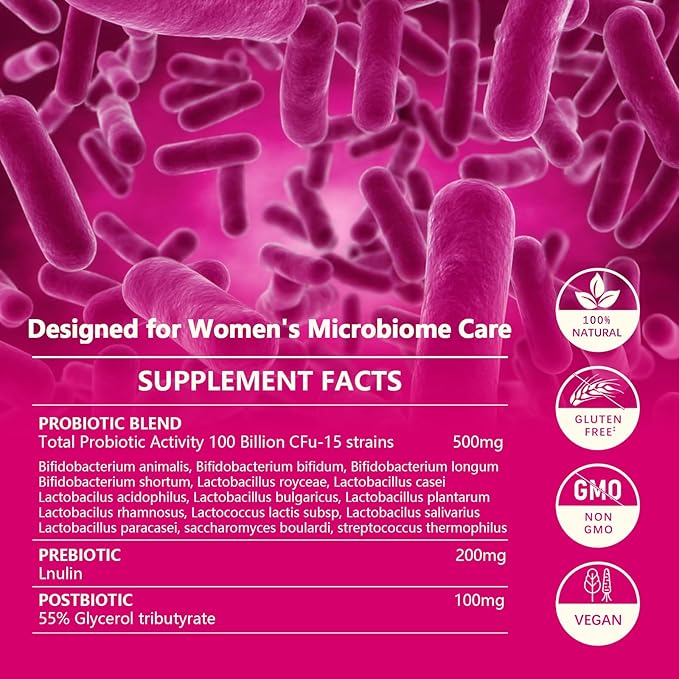 3-in-1 High Potency Probiotics for Women, Vaginal Probiotics with 100 Billion CFU, 15 Selected Strains, Organic Women’s Probiotic for Digestive, Vaginal, Urinary & Immune Health-60 Capsules