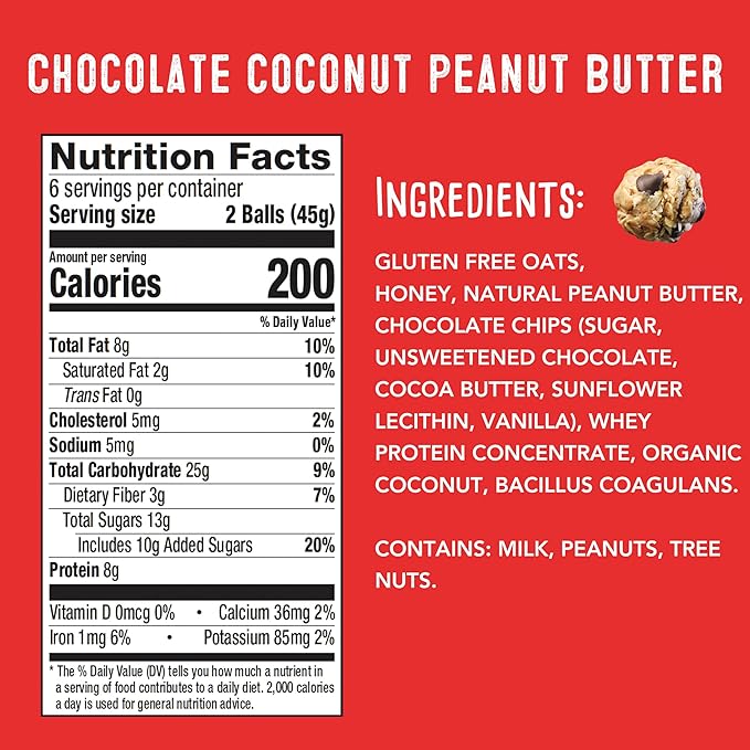 simplyFUEL Whole Food Protein Balls with Probiotics - Chocolate Coconut Peanut Butter Snacks - 8g Protein Snack - Gluten Free Energy Balls (1 Pack of 12 Balls)