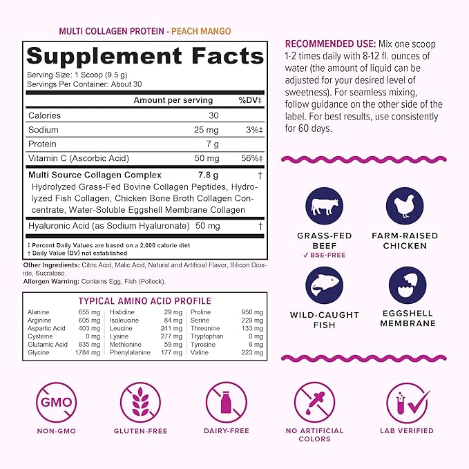 Multi Collagen Peptides Powder for Women and Men - Instant Dissolving Grass Fed Hydrolyzed Collagen Powder Drink Mix for Beautiful Hair Skin and Nails with Hyaluronic Acid and Vitamin C