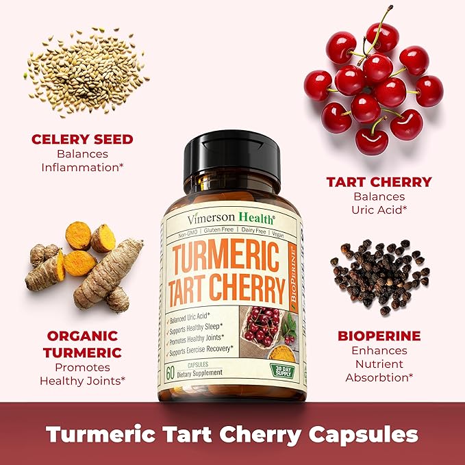 Turmeric Supplement with 10:1 Tart Cherry Extract, Turmeric Curcumin with Black Pepper & Organic Tumeric. 600mg Tart Cherry Capsules. Aids Uric Acid Balance, Joint, Muscle, Sleep Support. 60 Capsules