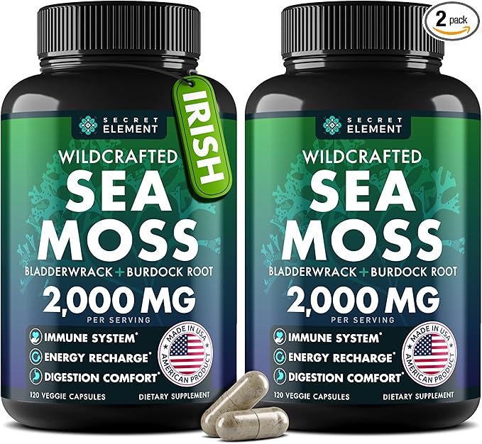 Sea Moss Capsules - Irish Sea Moss Advanced with Burdock Root, Bladderwrack & Muira Puama for Immunity, Gut, & Energy - Superfood Sea Moss Supplements w/Raw Sea Moss Powder (2 Pack)